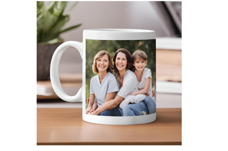 Tasse mit einem Foto von drei lächelnden Frauen, die zusammen sitzen.